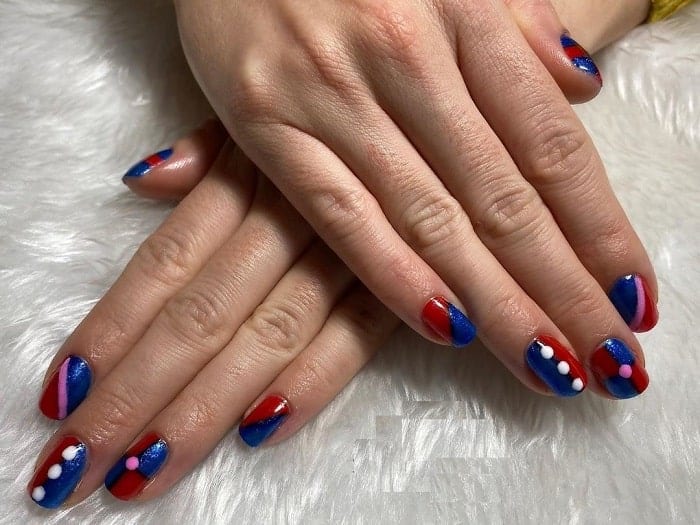 Blue and Red Harley Quinn Nail Designs