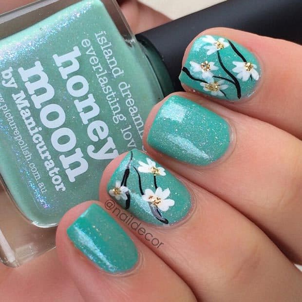 Floral Mint Green Nails