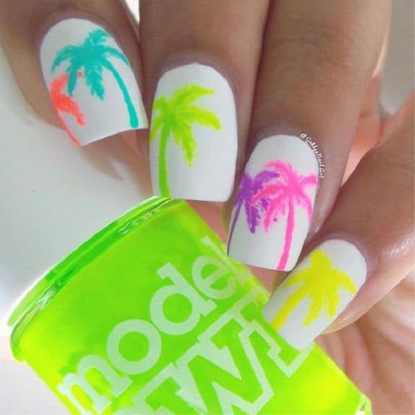 Neon palm tree nail design