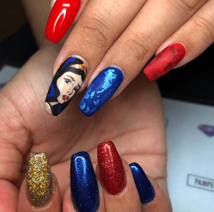 Wonder Women glitter nail art