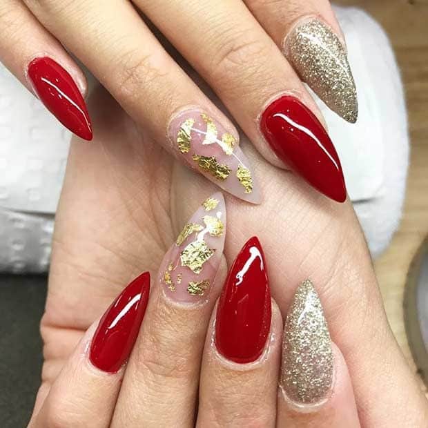 red, gold and silver stiletto nails