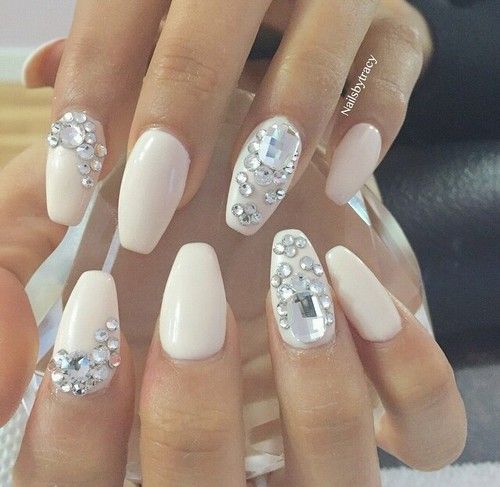 White Coffin Nails with Rhinestones