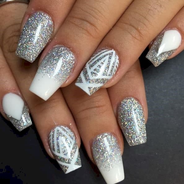 White Coffin Nails with Glitter