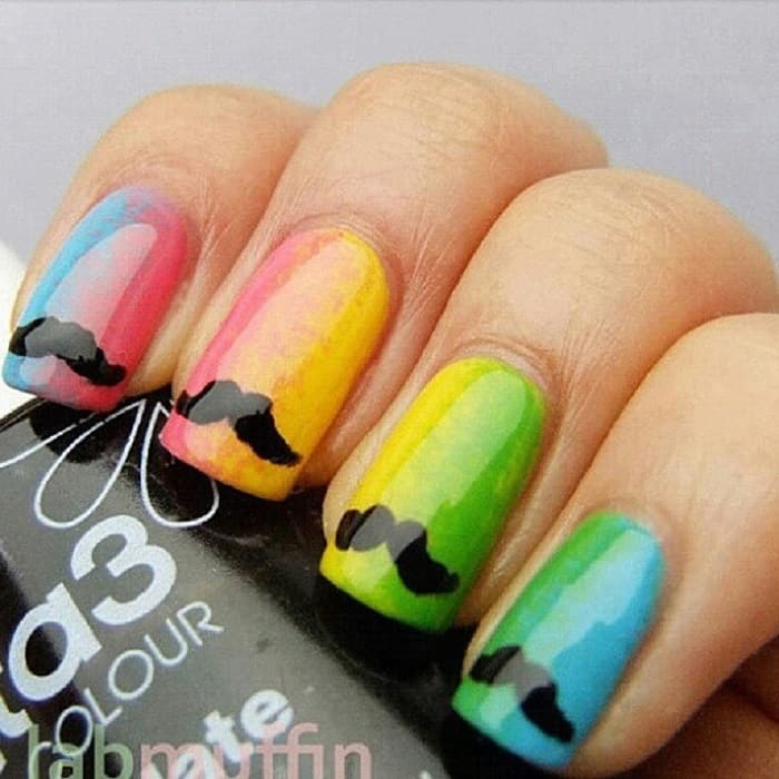 mustache rainbow nails