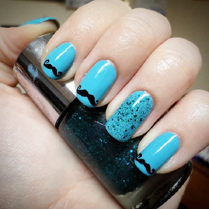 mustache blue nails