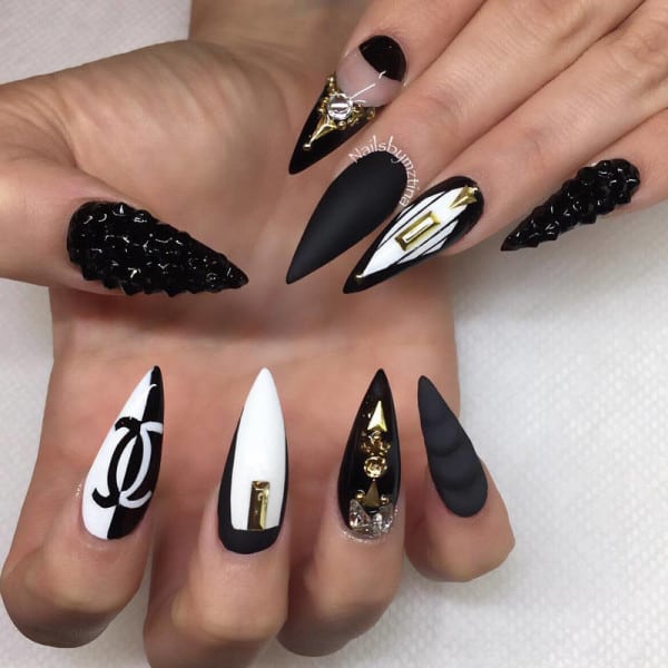 black and white bling nail design