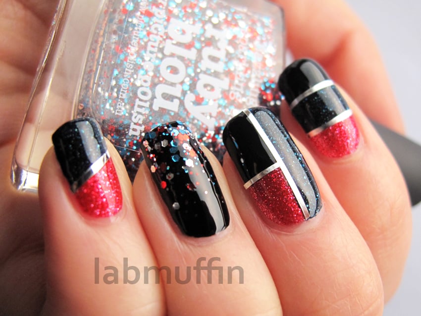 glitter black and red striping tape nail