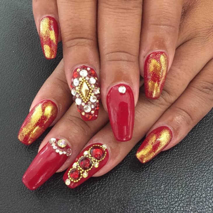 red and gold bling nail