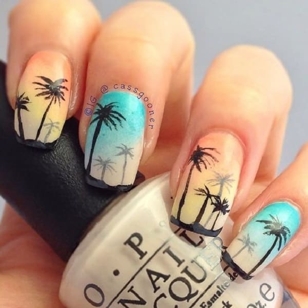 pastel color palm tree nail design