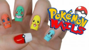 Short, square nails with vibrant colors, matte and glossy finishes, featuring Pokemon characters.