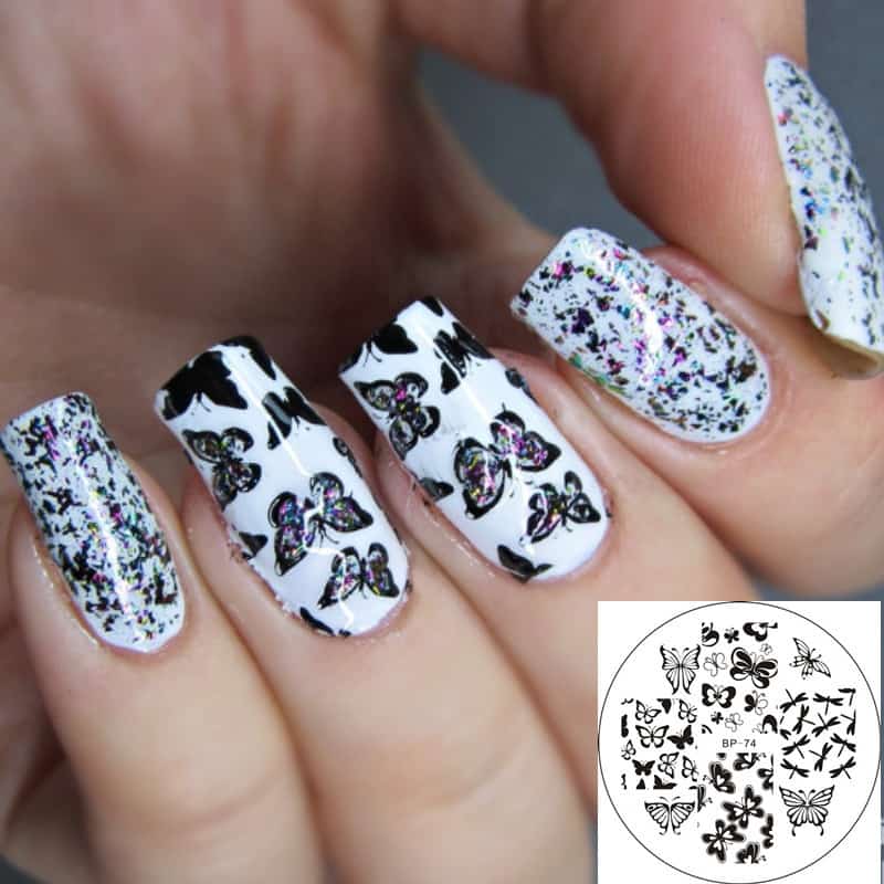 Butterflies in white base Nail stamp