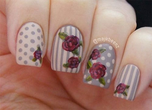 polka dot vintage rose nail art