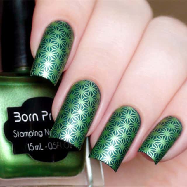 Nails with Green Shimmering Stamp 