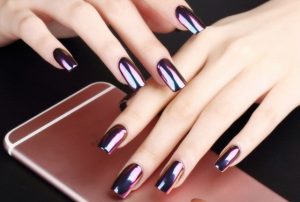 Medium length, almond shape, glossy black and purple.