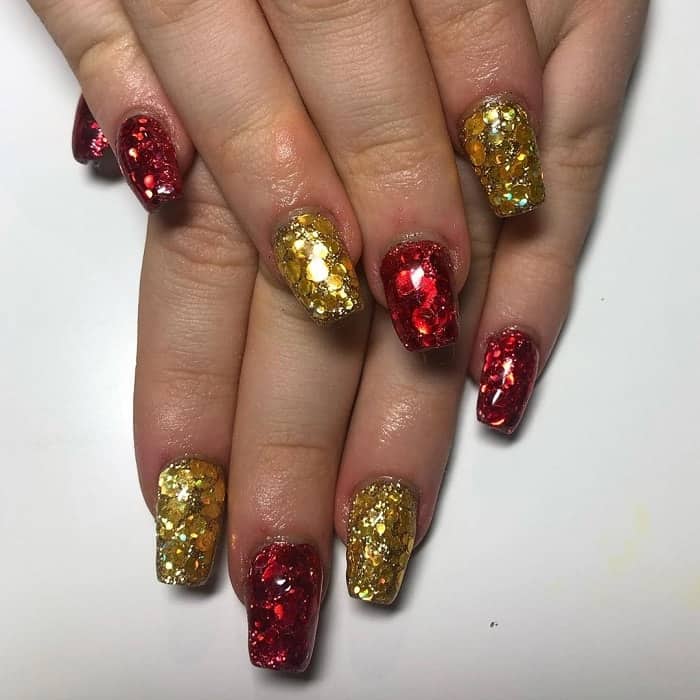 red and gold acrylic nails