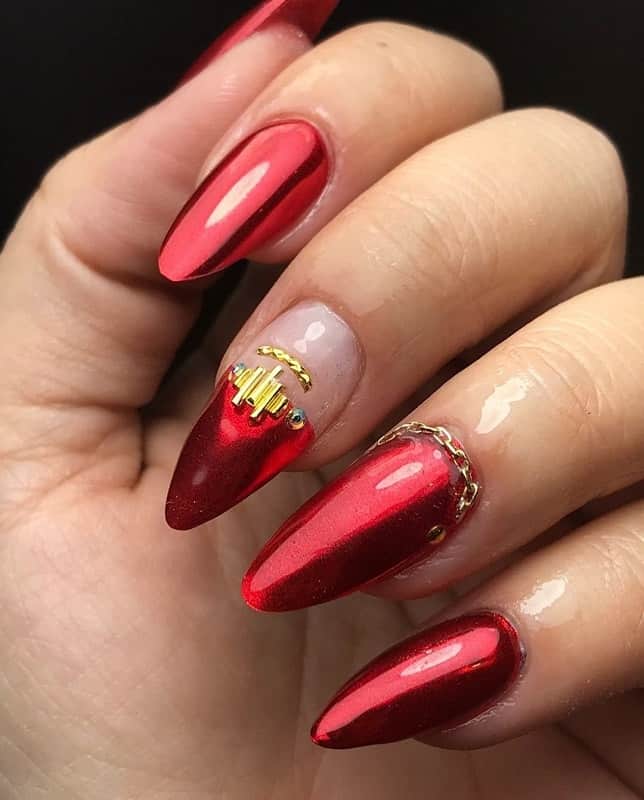 red and gold almond nails
