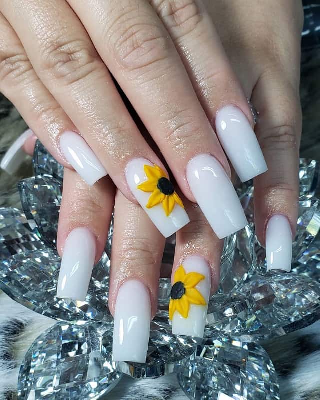 white nails with sunflower