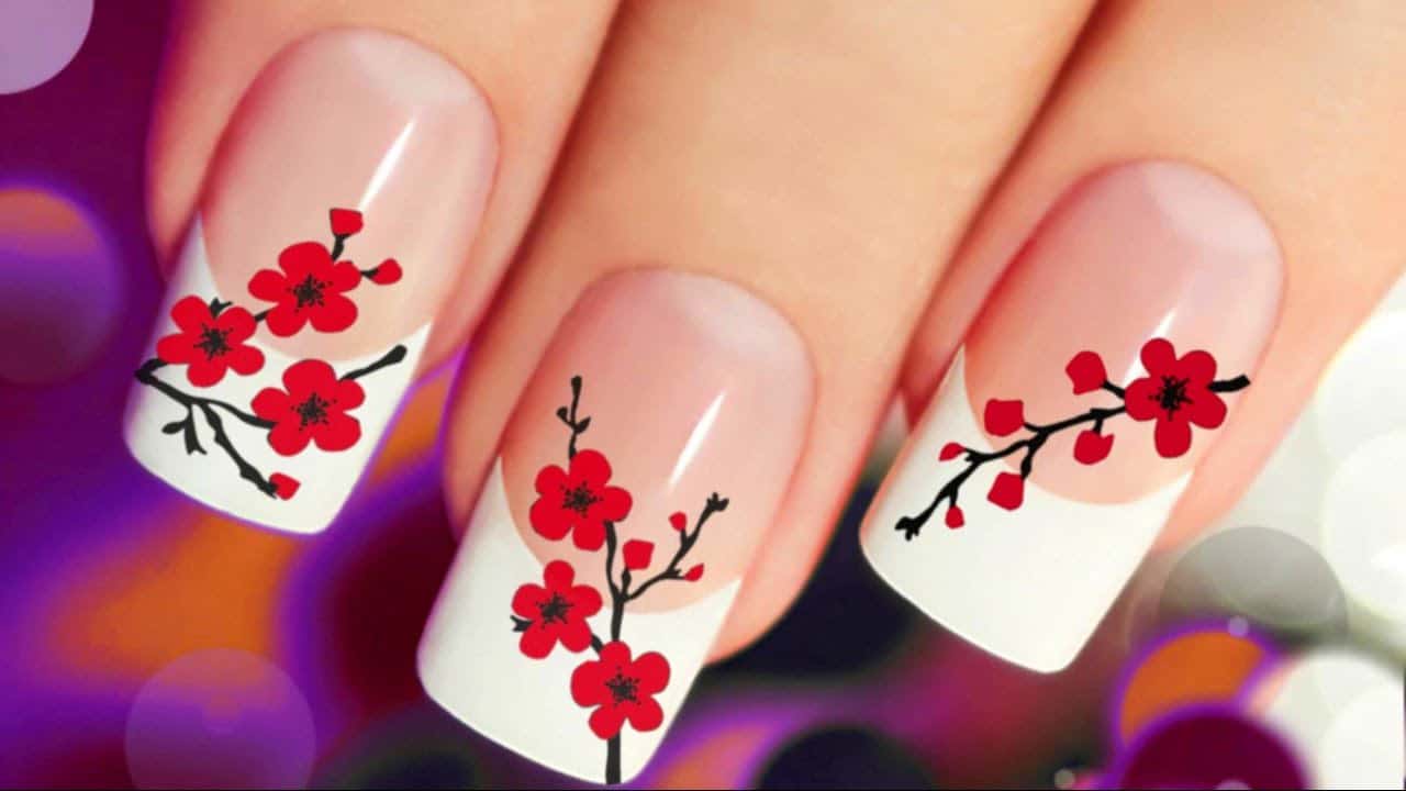 negative space nail art with floral print