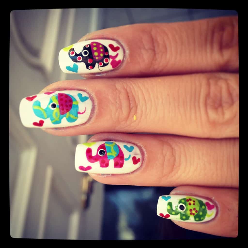 Multi colored elephant nail design