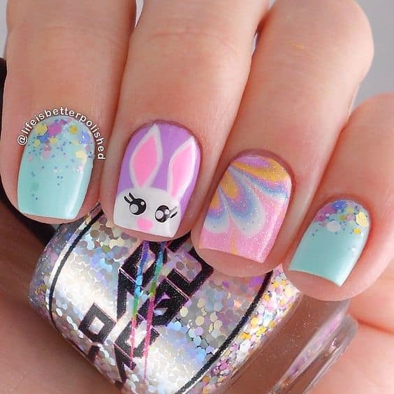 Cute rabbit pastel pink and yellow nail design