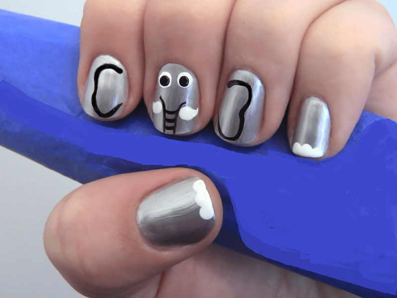 elephant nail design in silver nails