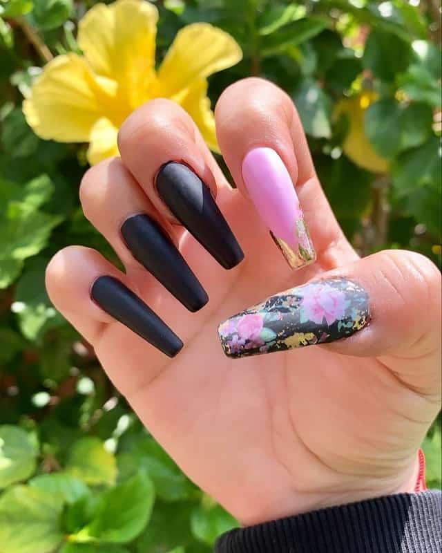 matte black coffin nails with design