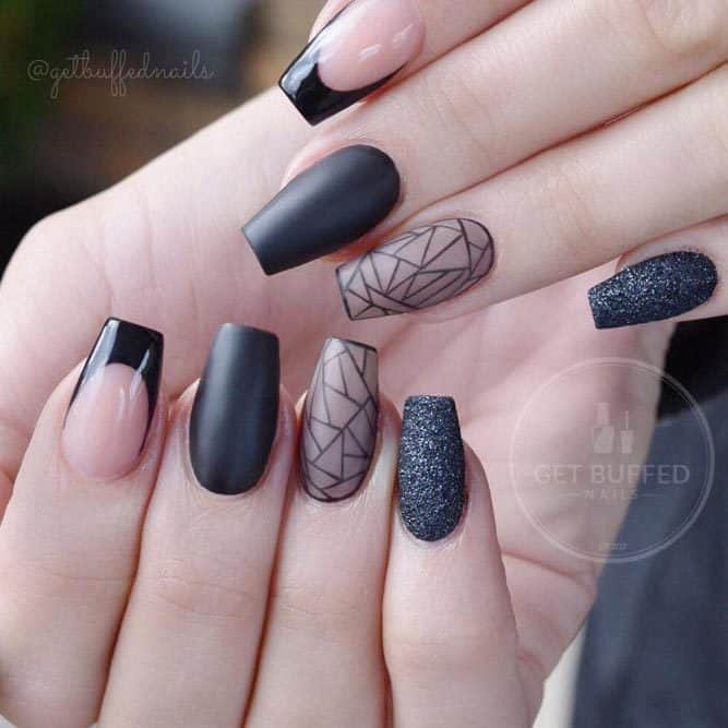 black coffin nails with manicure