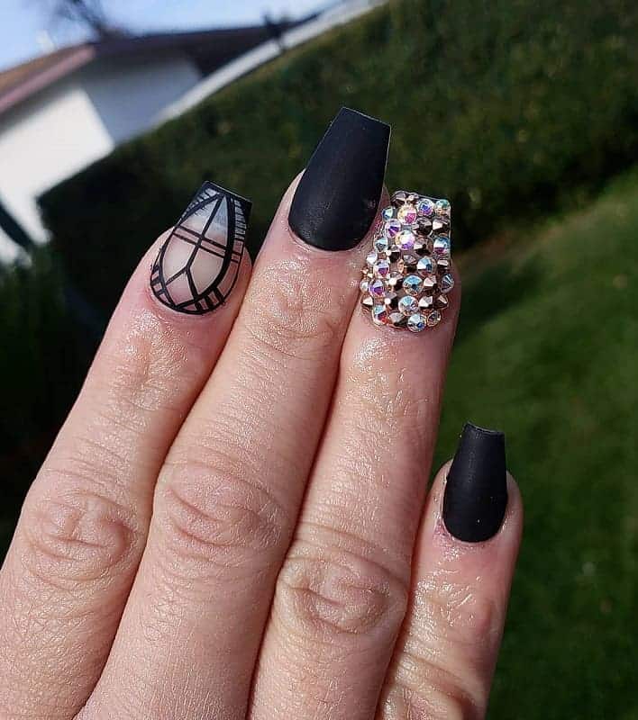 matte black coffin nails with diamonds 