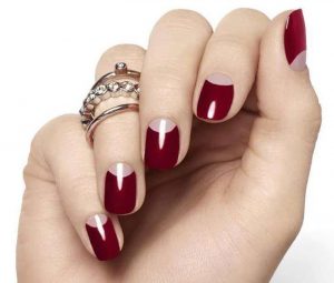 Red and nude color palette, glossy finish.