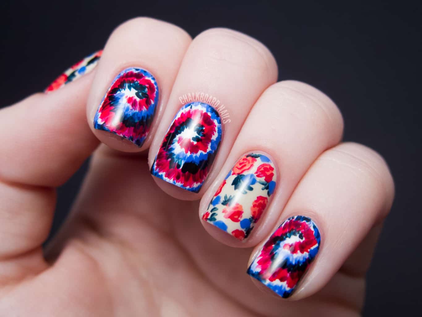 Swirl with Floral Pattern - tie dye nails