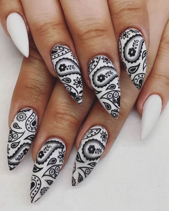 matte black and white stiletto nails