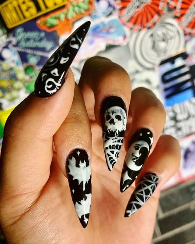 black and white halloween stiletto nails