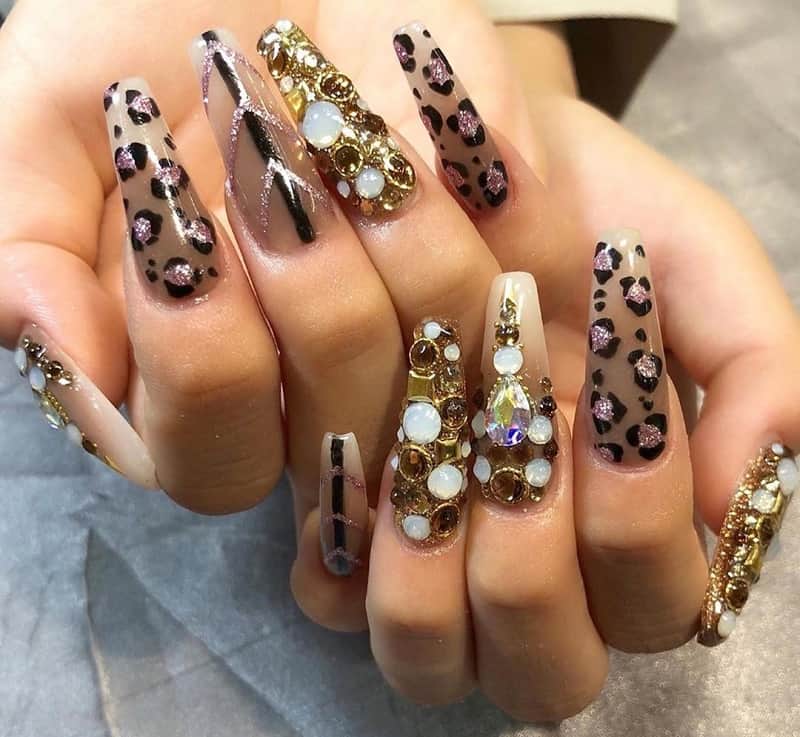 animal print nail designs with rhinestones