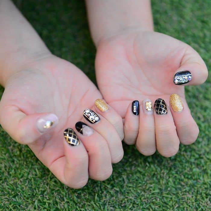 Black Gold Nails with Rhinestones