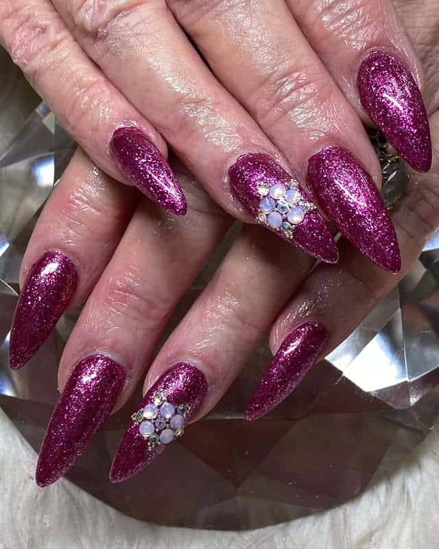 magenta glitter nails