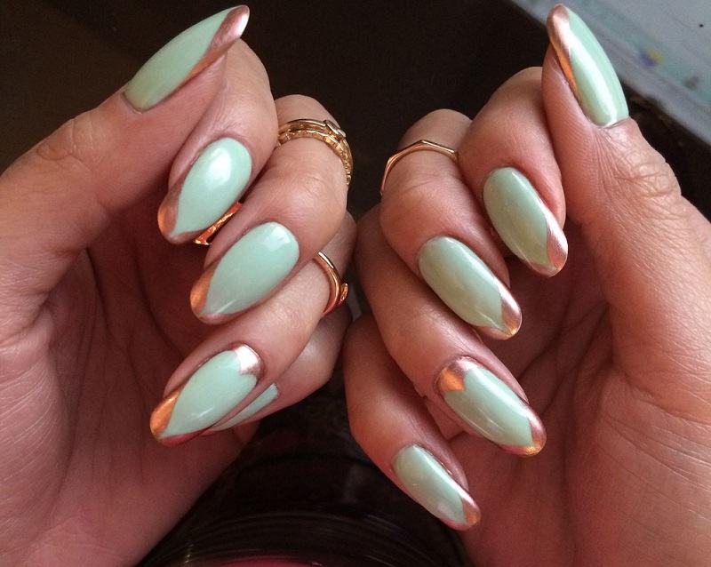 mint green and rose gold nails