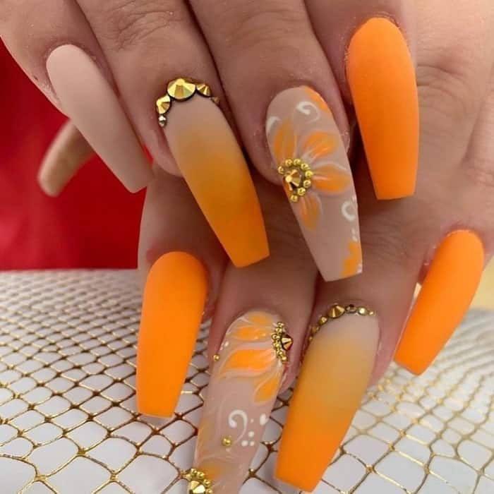 orange matte coffin nails