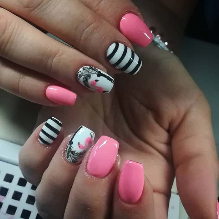 pink, black and white nail design 