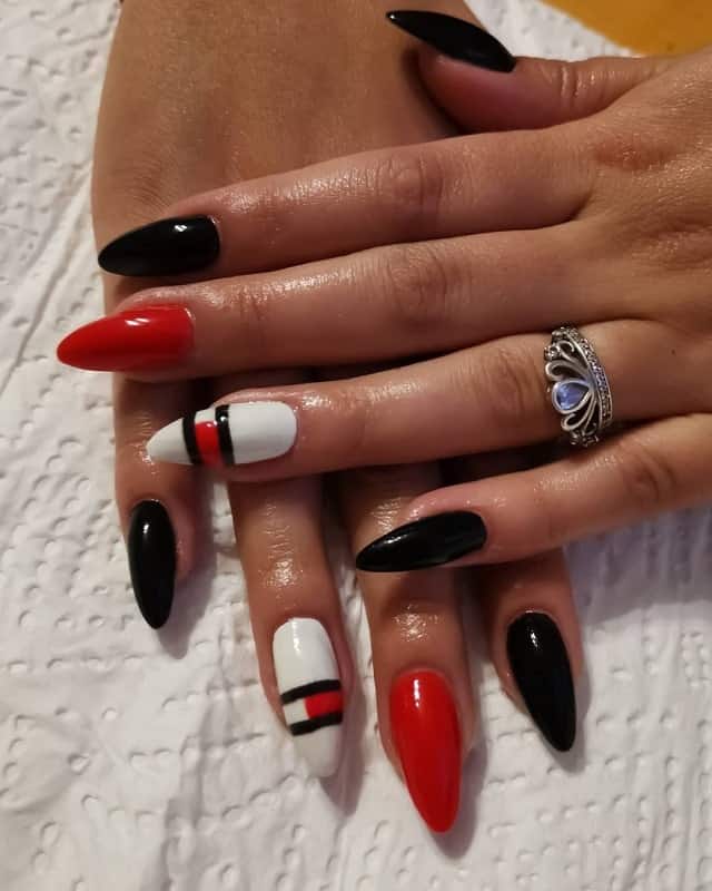 red, black and white nails