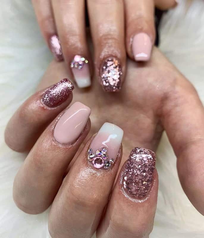 rose gold nails with diamonds