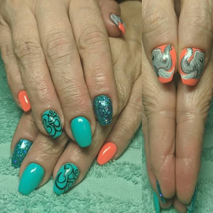 teal and coral nails