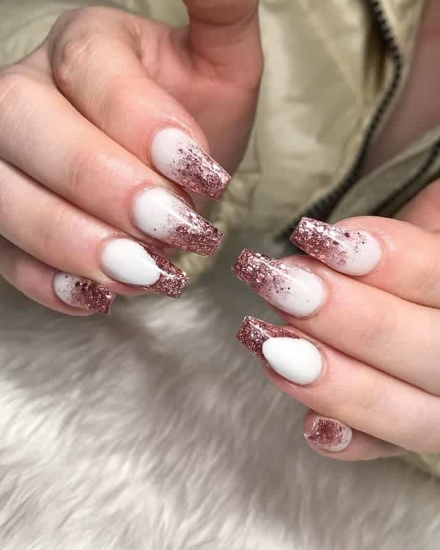 white and rose gold nails