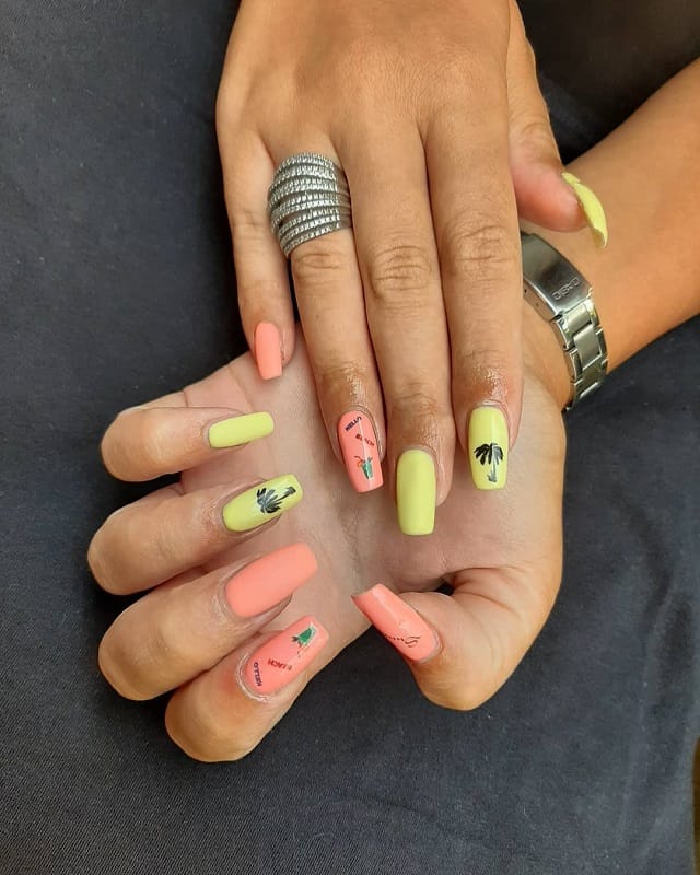 peach and green nail design