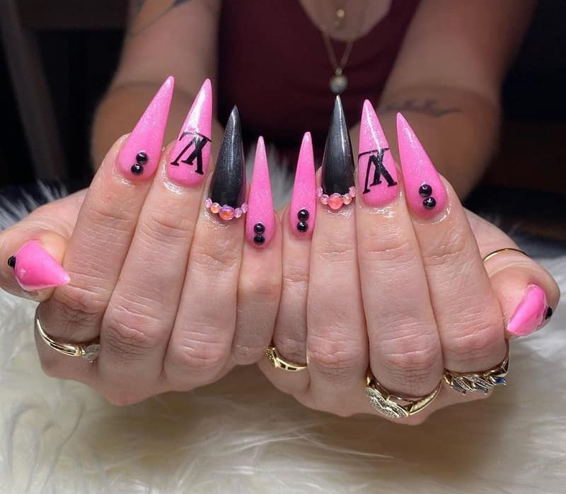 Stiletto Hot Pink Nails With Diamonds