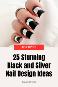 Black and silver coffin nails, matte finish, geometric design.