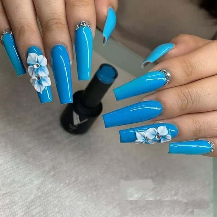 Blue Acrylic Nails with Diamonds