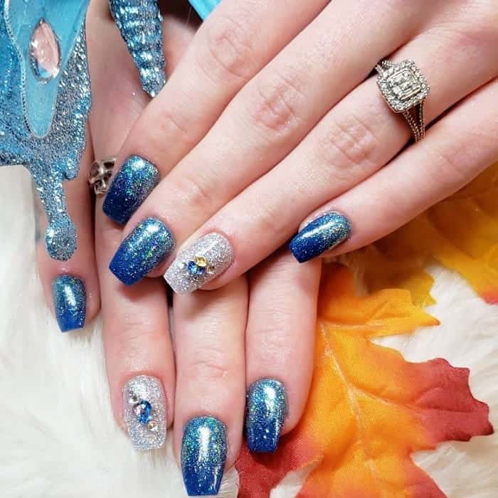 Blue Ombre Nail Design with Glitter