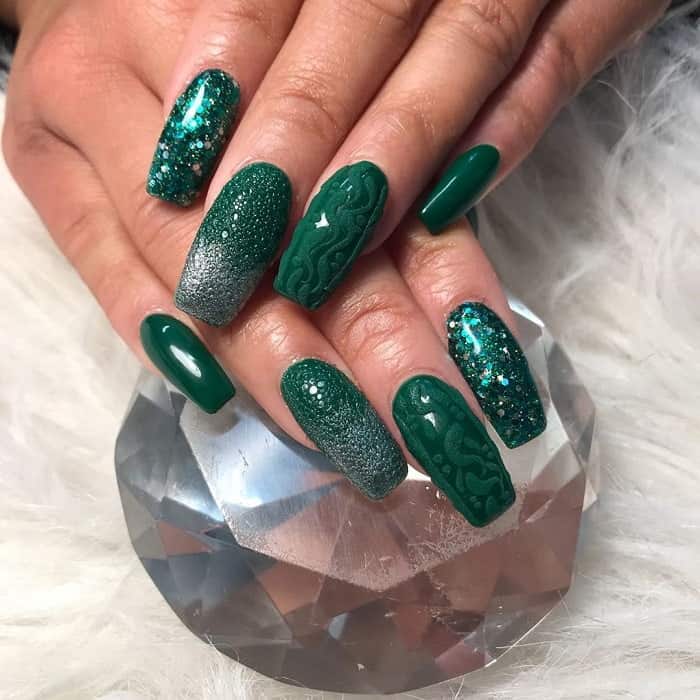 Dark Green Glitter Nails