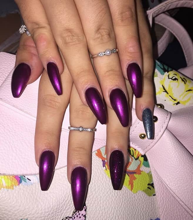 coffin shaped dark purple nails