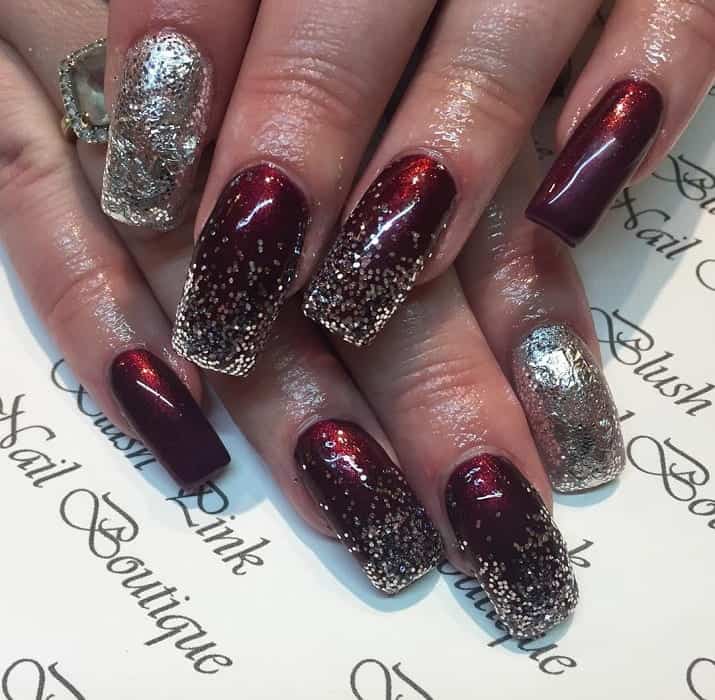 Dark Red And Silver Nails